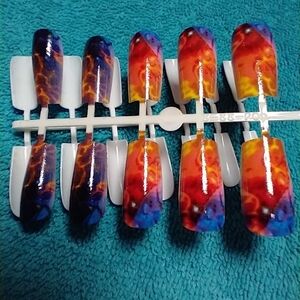 Press on nails orange blue yellow purple flame fire set